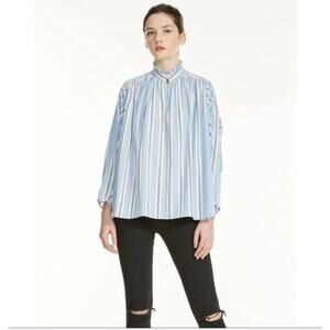 MAJE Lavia Inprime Blue Striped Cotton Oversized Ruffle Blouse